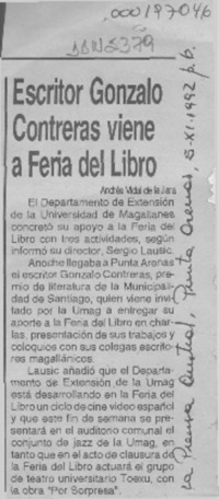 Escritor Gonzalo Contreras viene a Feria del Libro  [artículo] Andrés Vidal de la Jara.
