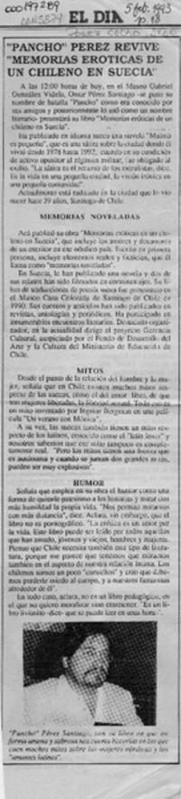 "Pancho" Pérez revive "Memorias eróticas de un chileno en Suecia"  [artículo].