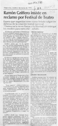 Ramón Griffero insiste en reclamo por Festival de Teatro  [artículo].