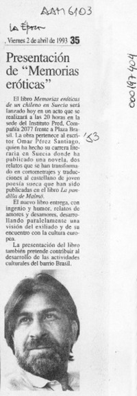 Presentación de "Memorias eróticas"  [artículo].