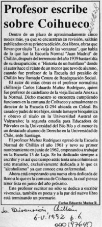 Profesor escribe sobre Coihueco  [artículo].