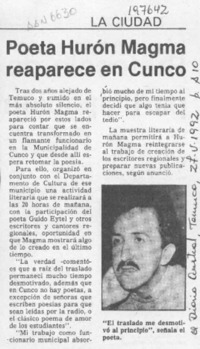 Poeta Hurón Magma reaparece en Cunco  [artículo].