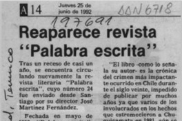 Reaparece revista "Palabra escrita"  [artículo].