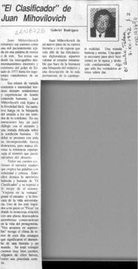 "El clasificador", de Juan Mihovilovic  [artículo] Gabriel Rodríguez.