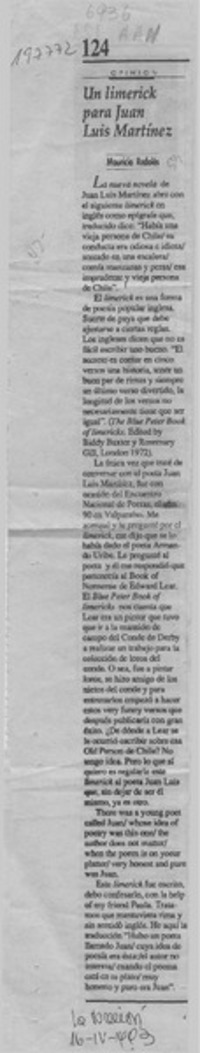 Un limerick para Juan Luis Martínez  [artículo] Mauricio Redolés.