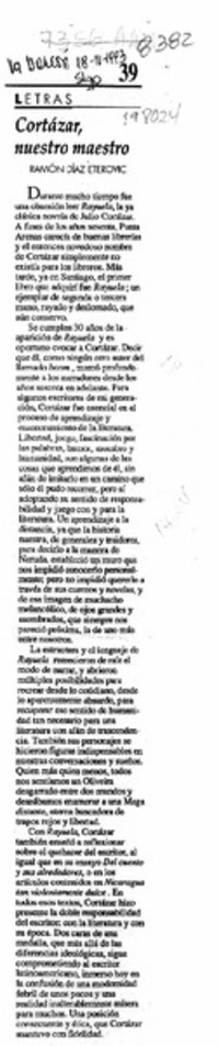 Cortázar, nuestro maestro  [artículo] Ramón Díaz Eterovic.