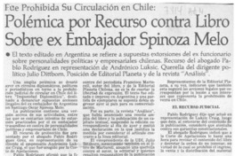 Polémica por recurso contra libro sobre ex Embajador Spinoza Melo  [artículo].