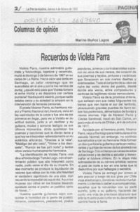 Recuerdos de Violeta Parra  [artículo] Marino Muñoz Lagos.