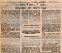 Modesto Parera, Premio Regional de Literatura  [artículo] Hugo Rolando Cortés.
