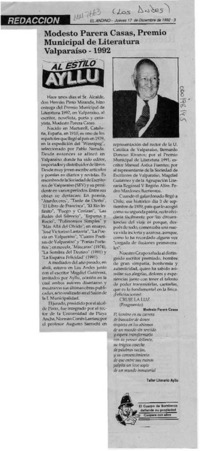 Modesto Parera Casas, Premio Municipal de Literatura Valparaíso 1992  [artículo].