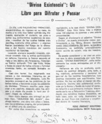 "Divina existencia", un libro para disfrutar y pensar  [artículo] René Jiménez Rieutord.
