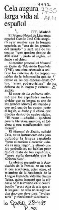 Cela augura larga vida al español  [artículo].