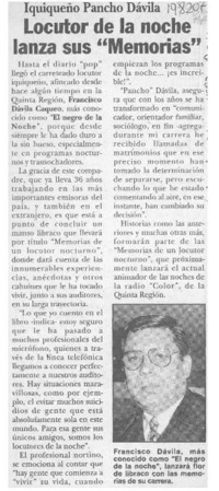 Locutor de la noche lanza sus "Memorias"  [artículo].