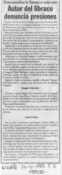 Autor del libraco denuncia presiones  [artículo].