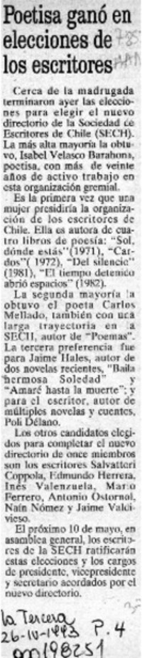 Poetisa ganó en elecciones de los escritores  [artículo].
