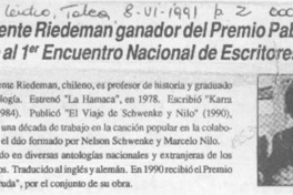 Clemente Riedemann, ganador del Premio Pablo Neruda, viene al 1er. Encuentro Nacional de Escritores del Maule  [artículo].