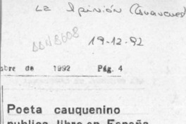 Poeta cauquenino publica libro en España  [artículo].