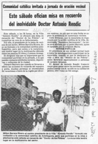 Este sábado ofician misa en recuerdo del inolvidable Doctor Antonio Rendic  [artículo].