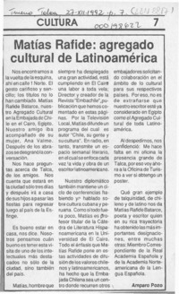 Matías Rafide, agregado cultural de Latinoamérica  [artículo] Amparo Pozo.