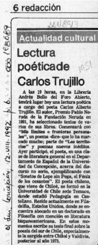 Lectura poética de Carlos Trujillo  [artículo].
