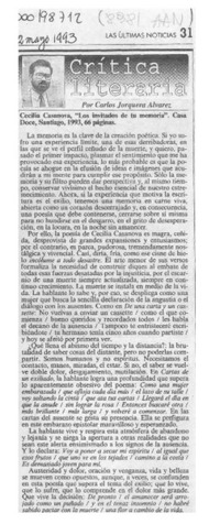 Cecilia Casanova, "Los invitados de tu memoria"  [artículo] Carlos Jorquera Alvarez.