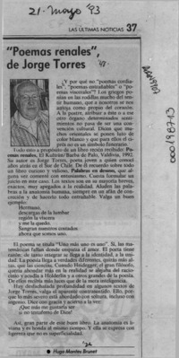 "Poemas renales", de Jorge Torres  [artículo] Hugo Montes Brunet.