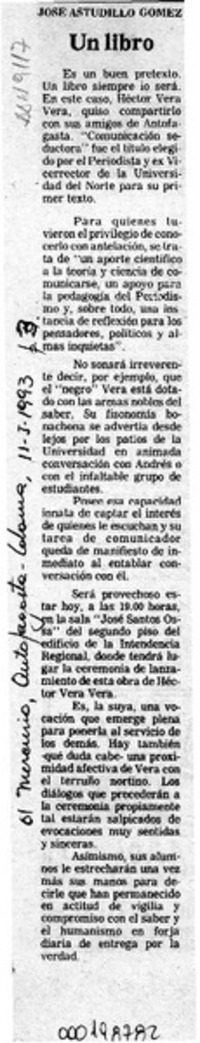 Un libro  [artículo] José Astudillo Gómez.