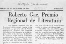 Roberto Gac, Premio Regional de Literatura  [artículo].