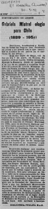 Gabriela Mistral elogio para Chile  [artículo].