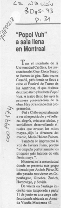 "Popol Vuh" a sala llena en Montreal  [artículo].