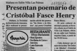 Presentan poemario de Cristóbal Fasce Henry  [artículo].