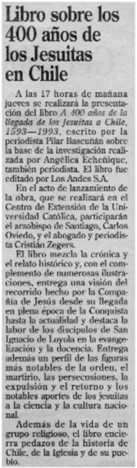 Libro sobre los 400 años de los jesuitas en Chile