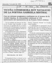 Vicuña conmemora hoy natalicio de la poetisa Gabriela Mistral  [artículo].