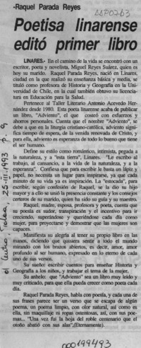 Poetisa linarense editó primer libro  [artículo].
