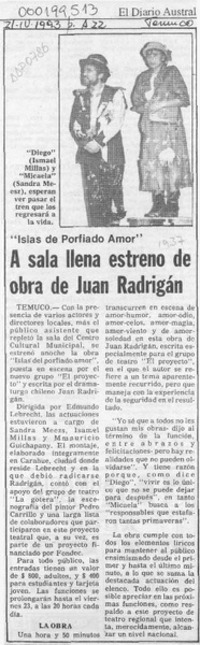 A sala llena estreno de obra de Juan Radrigán  [artículo].