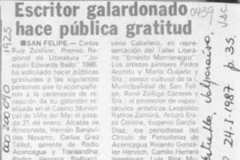 Escritor galardonado hace pública gratitud  [artículo].