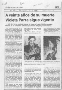 A veinte años de su muerte Violeta Parra sigue vigente  [artículo] G. S.