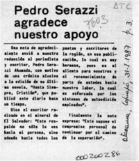 Pedro Serazzi agradece nuestro apoyo  [artículo].