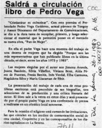 Saldrá a circulación libro de Pedro Vega  [artículo].