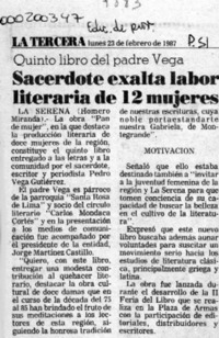 Sacerdote exalta labor literaria de 12 mujeres  [artículo] Homero Miranda.