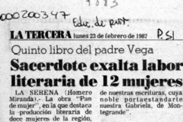 Sacerdote exalta labor literaria de 12 mujeres  [artículo] Homero Miranda.