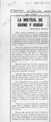 La Mistral de carne y hueso  [artículo] Cristóbal Marín.