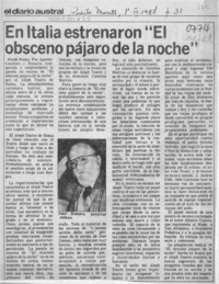 En Italia estrenaron "El obsceno pájaro de la noche"  [artículo] Agustín Letelier.