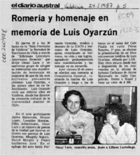 Romería y homenaje en memoria de Luis Oyarzún  [artículo].