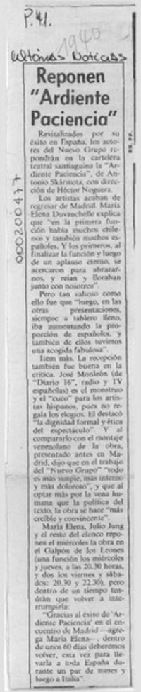 Reponen "Ardiente paciencia"  [artículo].