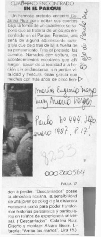 Cuaderno encontrado en el parque  [artículo] María Eugenia Meza [y] Luz María Vargas.