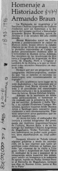 Homenaje a historiador Armando Braun  [artículo].