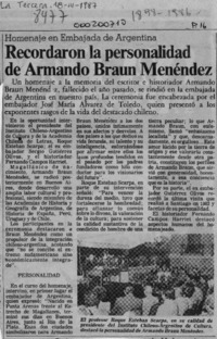 Recordaron la personalidad de Armando Braun Menéndez  [artículo].