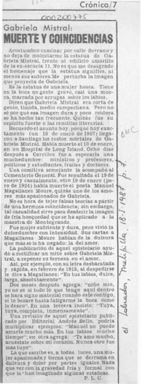 Gabriela Mistral, muerte y coincidencias  [artículo] P. L. C.