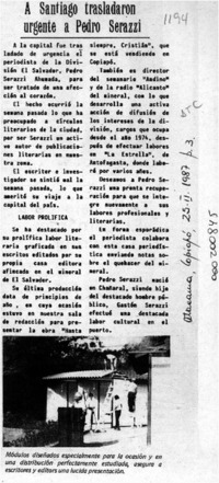 A Santiago trasladaron urgente a Pedro Serazzi  [artículo].
